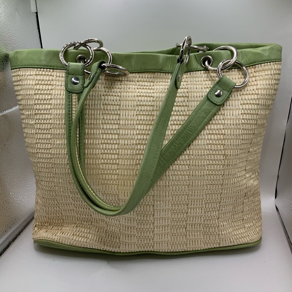 Kate Landry Mint Green Cream Natural Straw Shoulder Bag